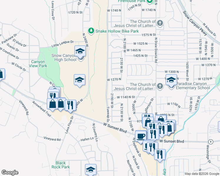 map of restaurants, bars, coffee shops, grocery stores, and more near 1211 North 2190 West in St. George