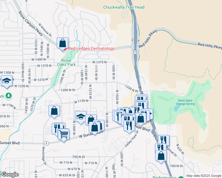 map of restaurants, bars, coffee shops, grocery stores, and more near 1202 North 1100 West in St. George