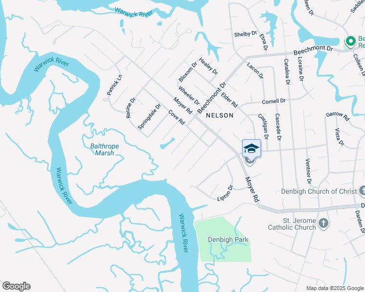 map of restaurants, bars, coffee shops, grocery stores, and more near 82 Knollwood Drive in Newport News