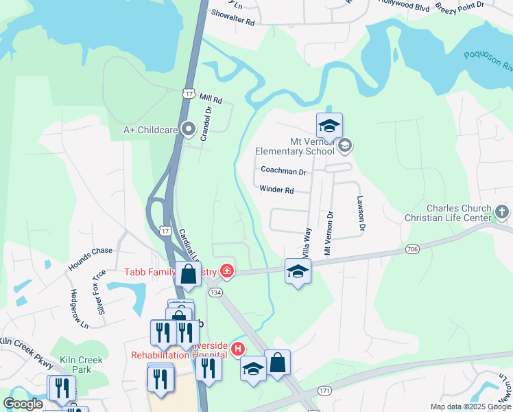 map of restaurants, bars, coffee shops, grocery stores, and more near 104 Idlewood Circle in Yorktown