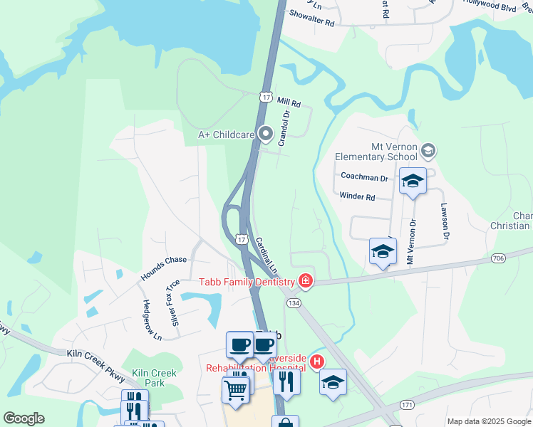 map of restaurants, bars, coffee shops, grocery stores, and more near 146 Cardinal Lane in Yorktown