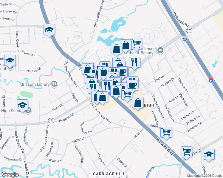 map of restaurants, bars, coffee shops, grocery stores, and more near 410 Denbigh Boulevard in Newport News