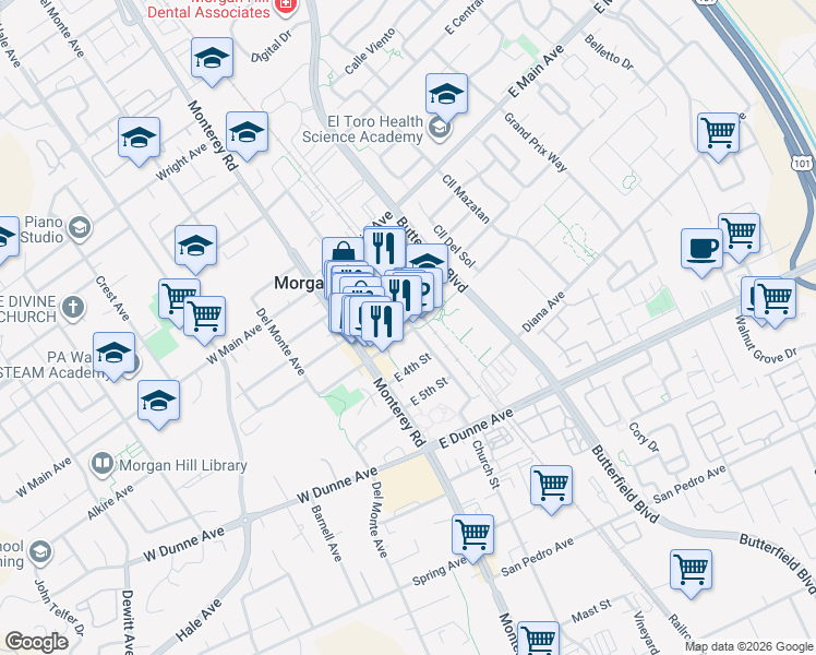 map of restaurants, bars, coffee shops, grocery stores, and more near 17305 Depot Street in Morgan Hill