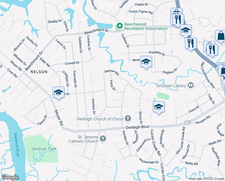 map of restaurants, bars, coffee shops, grocery stores, and more near 135 Vista Drive in Newport News