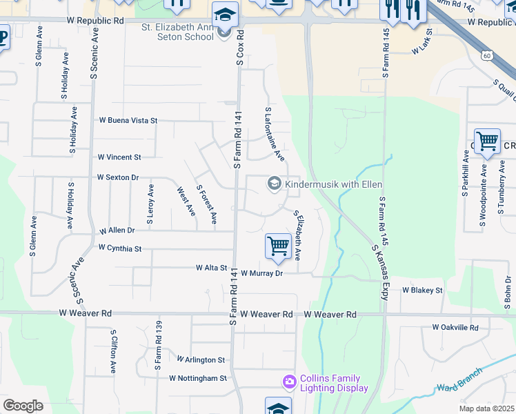 map of restaurants, bars, coffee shops, grocery stores, and more near 2108 West Warren Court in Springfield