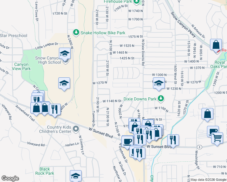 map of restaurants, bars, coffee shops, grocery stores, and more near 2094 West 1200 North in St. George