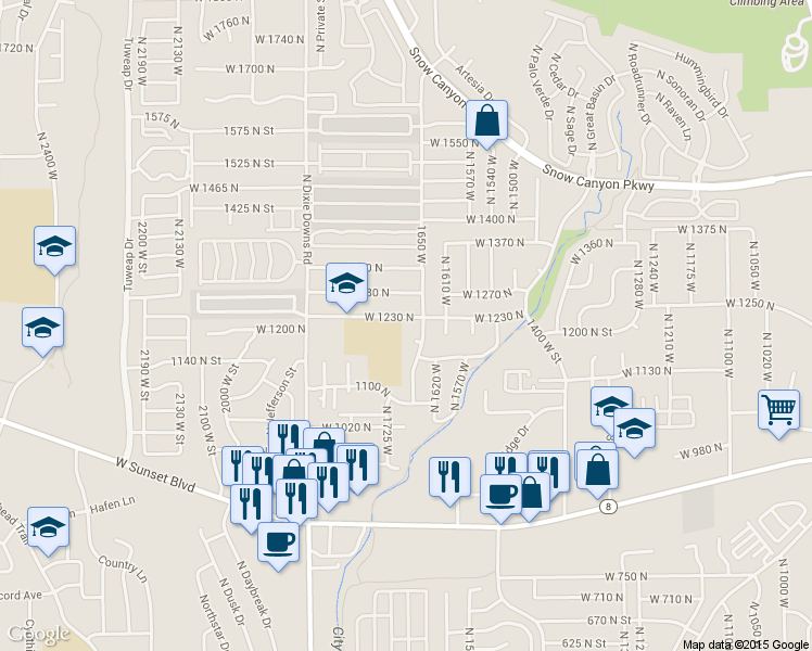 map of restaurants, bars, coffee shops, grocery stores, and more near 1712 1230 North in St. George