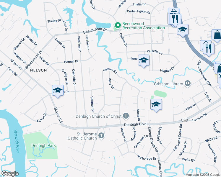 map of restaurants, bars, coffee shops, grocery stores, and more near 135 Vista Drive in Newport News