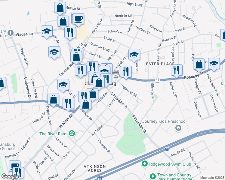 map of restaurants, bars, coffee shops, grocery stores, and more near 100 South Franklin Street in Christiansburg