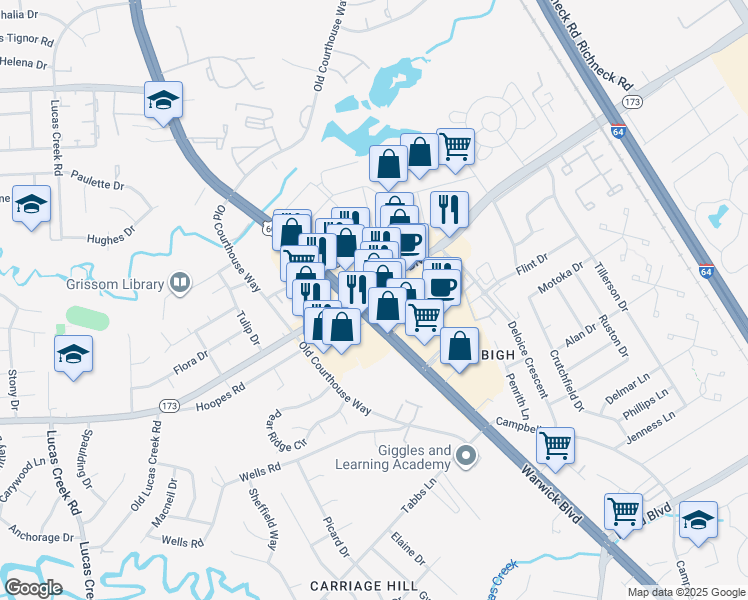map of restaurants, bars, coffee shops, grocery stores, and more near 410 Denbigh Boulevard in Newport News