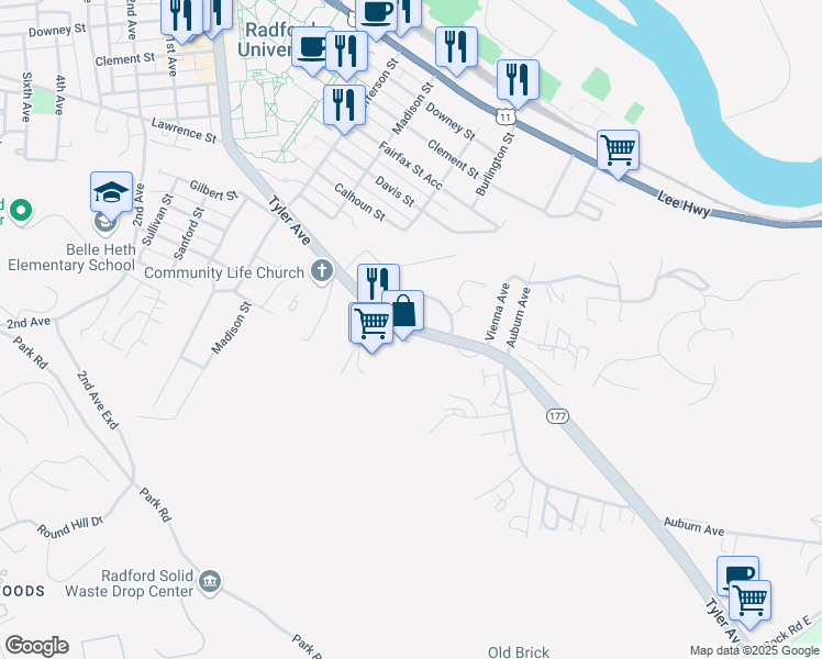 map of restaurants, bars, coffee shops, grocery stores, and more near 1200 Tyler Avenue in Radford