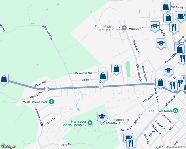 map of restaurants, bars, coffee shops, grocery stores, and more near 974 Beaver Drive Northwest in Christiansburg