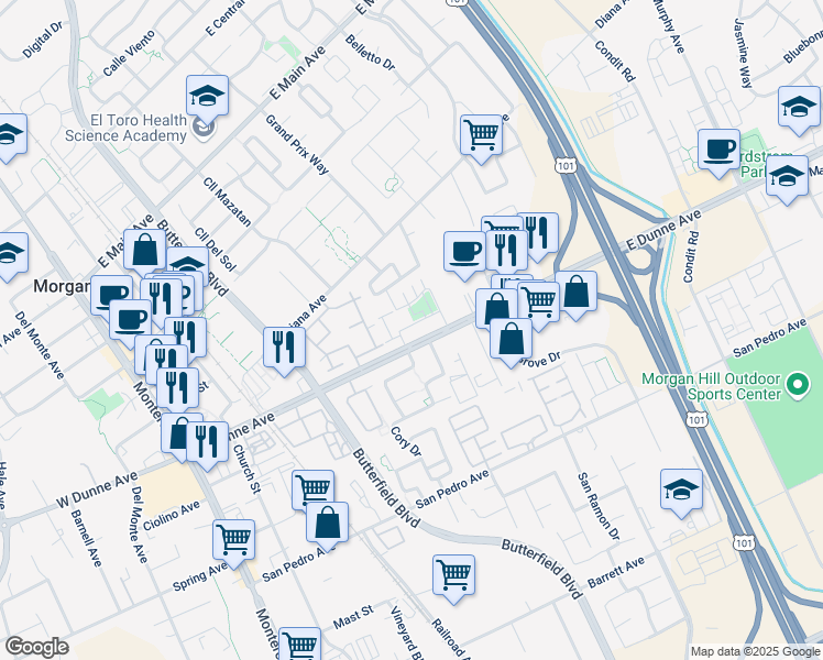 map of restaurants, bars, coffee shops, grocery stores, and more near 605 Los Castanos Drive in Morgan Hill