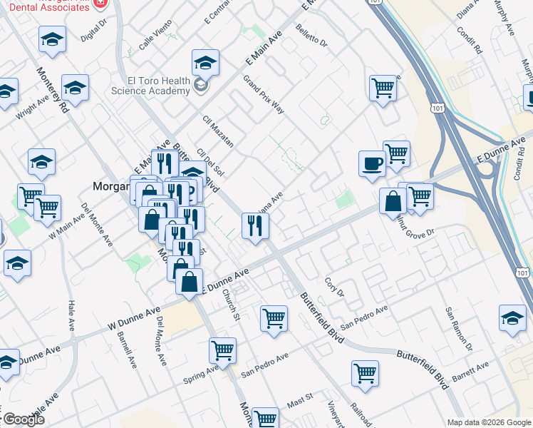 map of restaurants, bars, coffee shops, grocery stores, and more near 17175 Creekside Circle in Morgan Hill