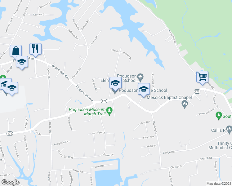 map of restaurants, bars, coffee shops, grocery stores, and more near 985 Poquoson Avenue in Poquoson