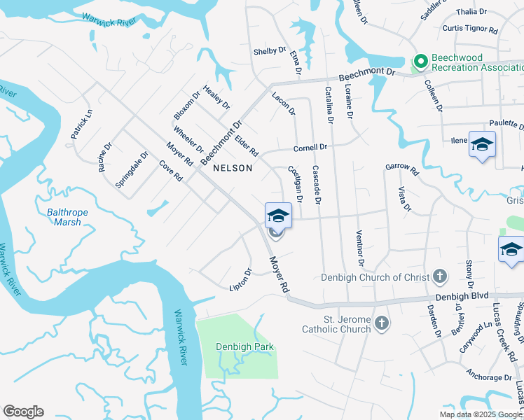 map of restaurants, bars, coffee shops, grocery stores, and more near 859 Wilmont Lane in Newport News