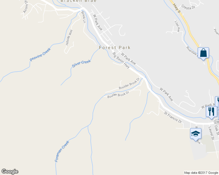 map of restaurants, bars, coffee shops, grocery stores, and more near 395 Boulder Brook Drive in Boulder Creek