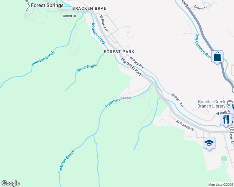 map of restaurants, bars, coffee shops, grocery stores, and more near 395 Boulder Brook Drive in Boulder Creek