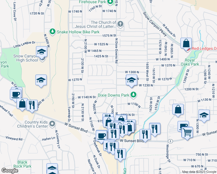 map of restaurants, bars, coffee shops, grocery stores, and more near 1942 W 1200 N in St George