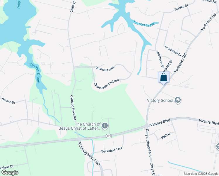 map of restaurants, bars, coffee shops, grocery stores, and more near 134 Chinquapin Orchard in Yorktown