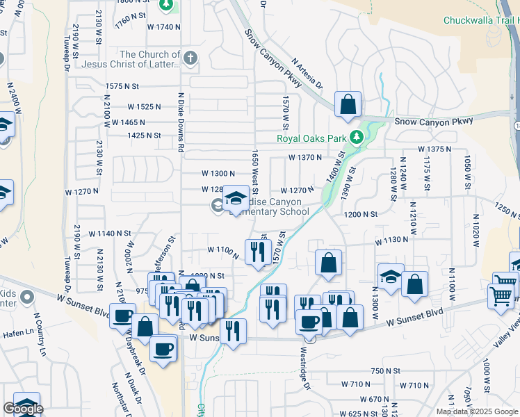 map of restaurants, bars, coffee shops, grocery stores, and more near 1635 West 1230 North in St. George
