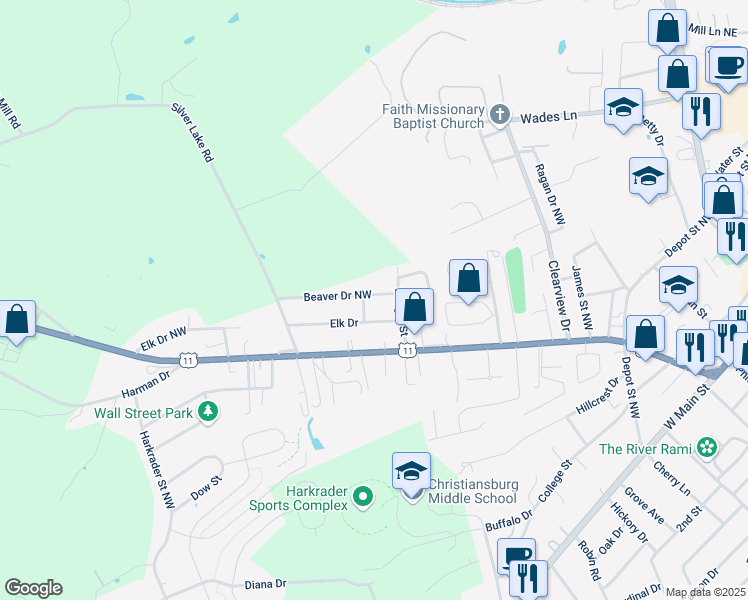 map of restaurants, bars, coffee shops, grocery stores, and more near 974 Beaver Drive Northwest in Christiansburg