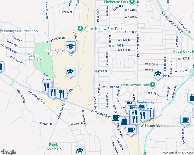 map of restaurants, bars, coffee shops, grocery stores, and more near 1223 North 2190 West in St. George