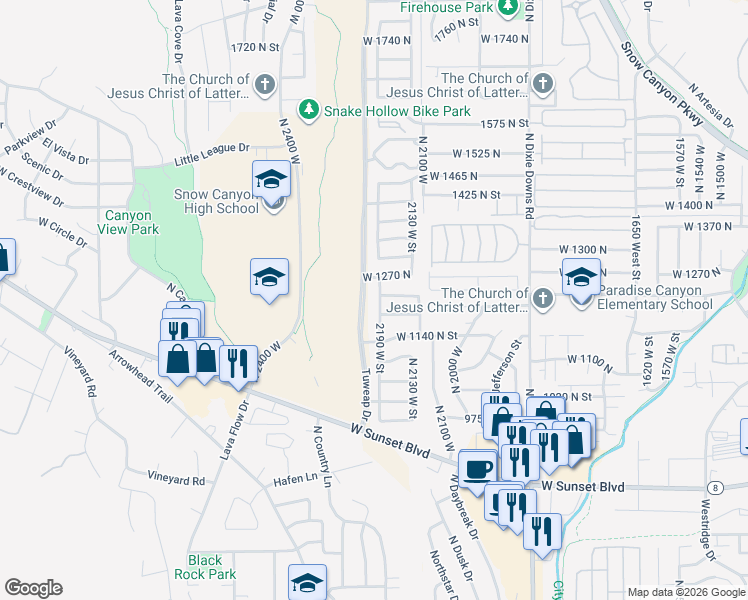 map of restaurants, bars, coffee shops, grocery stores, and more near 1235 North 2190 West in St. George