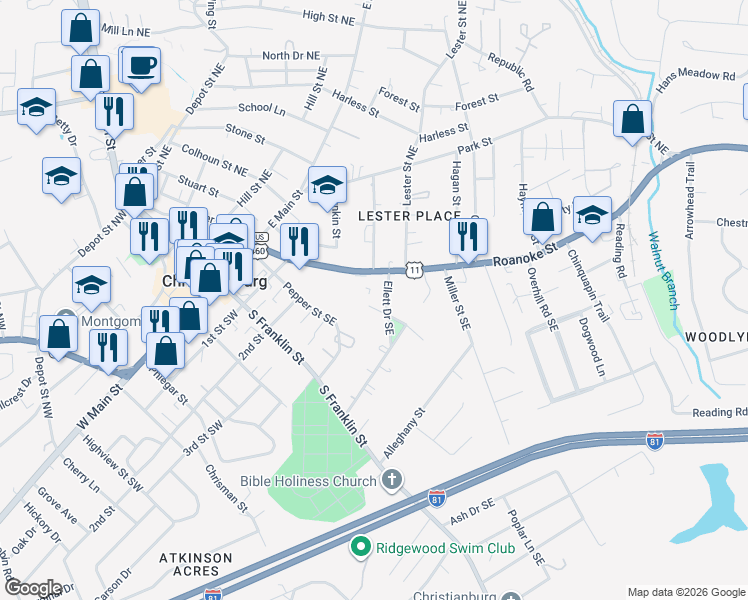 map of restaurants, bars, coffee shops, grocery stores, and more near 305 Ellett Drive Southeast in Christiansburg