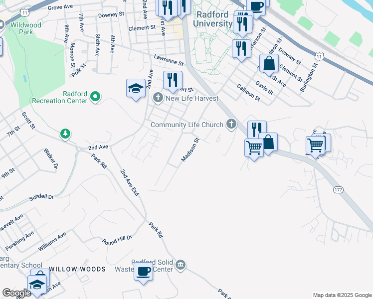 map of restaurants, bars, coffee shops, grocery stores, and more near 1-21 Grandview Dr in Radford