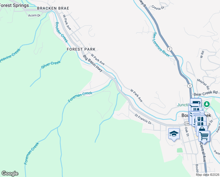 map of restaurants, bars, coffee shops, grocery stores, and more near 175 South Redwood Drive in Boulder Creek