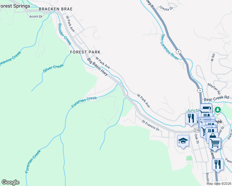 map of restaurants, bars, coffee shops, grocery stores, and more near 175 South Redwood Drive in Boulder Creek