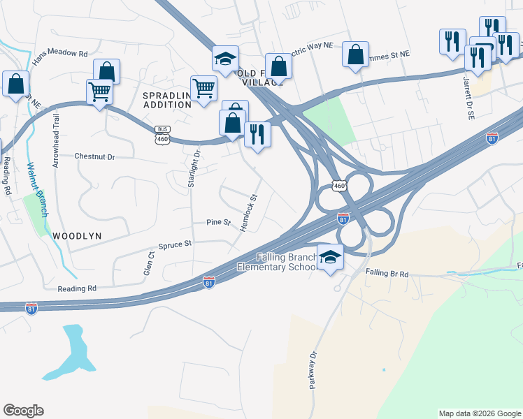 map of restaurants, bars, coffee shops, grocery stores, and more near 180 Huff Heritage Lane in Christiansburg