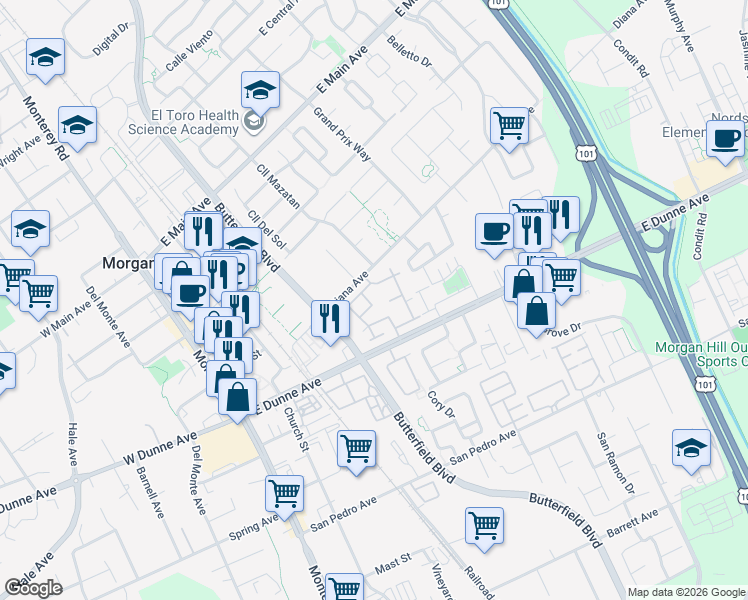 map of restaurants, bars, coffee shops, grocery stores, and more near 398 Creekview Drive in Morgan Hill