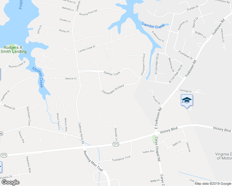 map of restaurants, bars, coffee shops, grocery stores, and more near 134 Chinquapin Orchard in Yorktown
