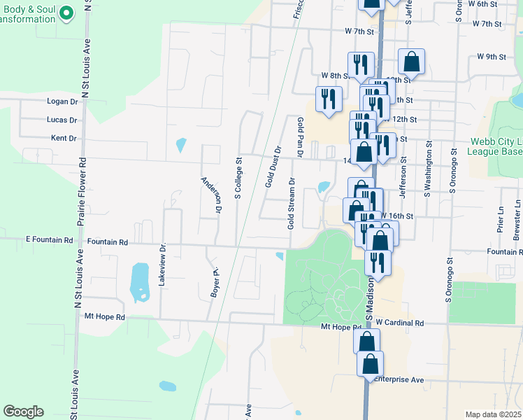 map of restaurants, bars, coffee shops, grocery stores, and more near 1602 Gold Dust Drive in Webb City