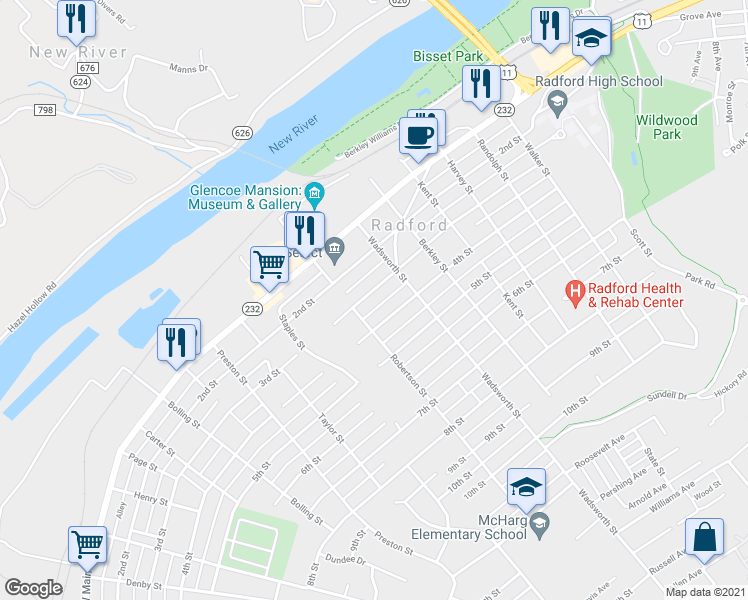 map of restaurants, bars, coffee shops, grocery stores, and more near 616 3rd Street in Radford