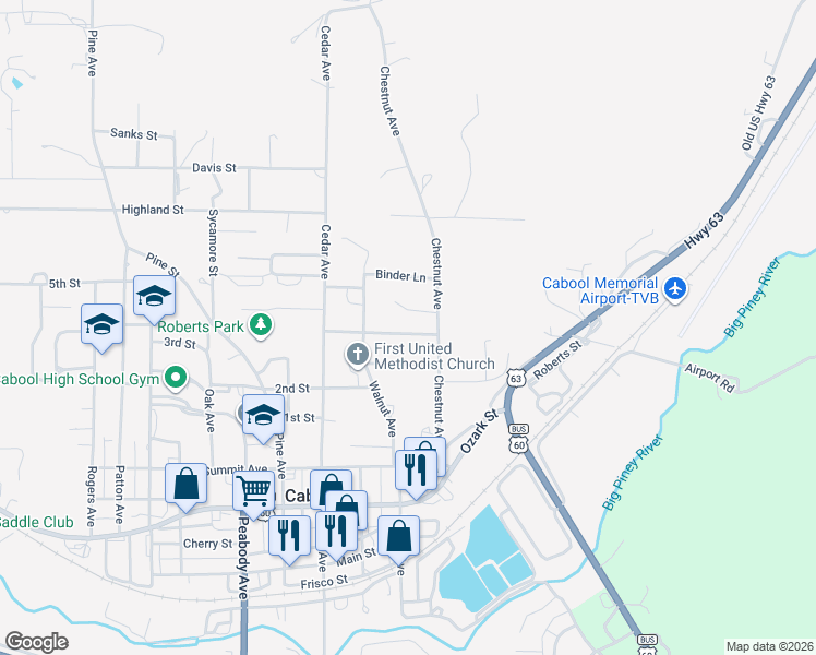 map of restaurants, bars, coffee shops, grocery stores, and more near 1019 Chestnut Avenue in Cabool