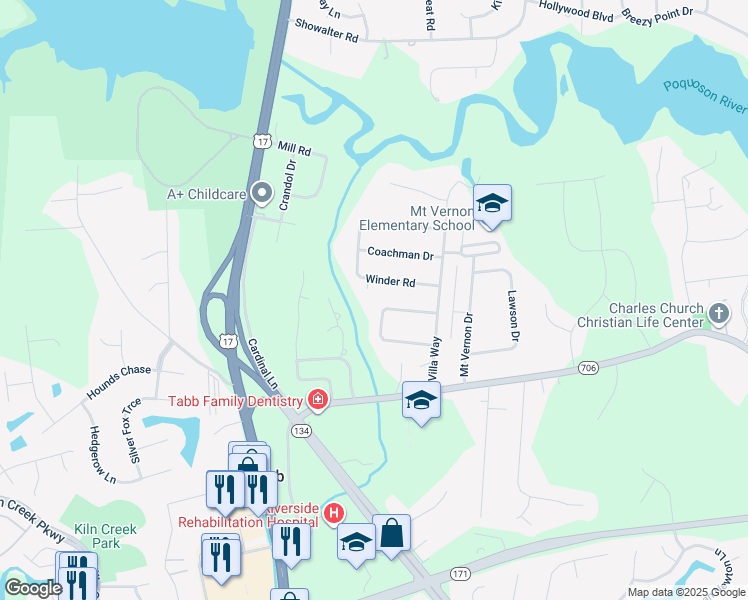 map of restaurants, bars, coffee shops, grocery stores, and more near 103 Idlewood Circle in Yorktown