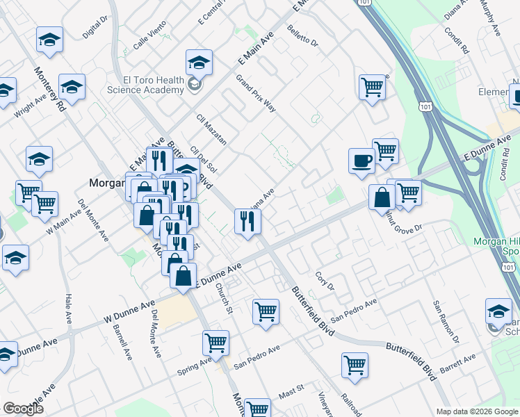 map of restaurants, bars, coffee shops, grocery stores, and more near 17167 Creekside Circle in Morgan Hill