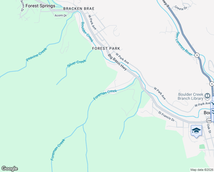 map of restaurants, bars, coffee shops, grocery stores, and more near 355 Boulder Brook Drive in Boulder Creek
