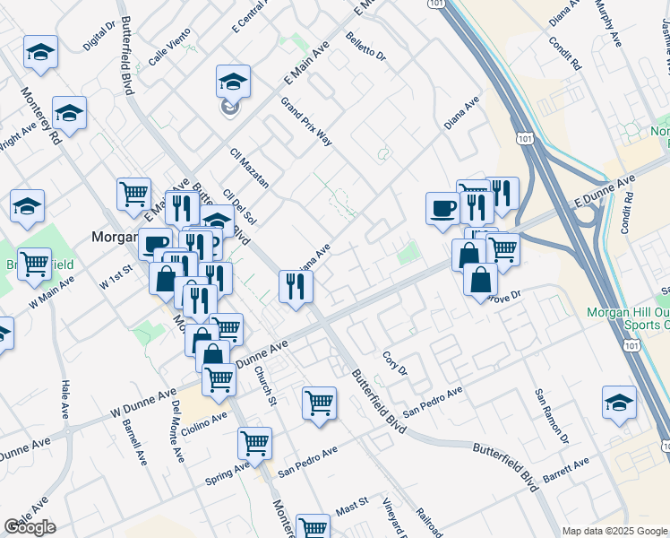 map of restaurants, bars, coffee shops, grocery stores, and more near 398 Creekview Drive in Morgan Hill