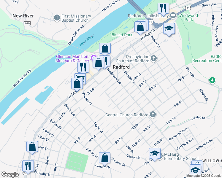map of restaurants, bars, coffee shops, grocery stores, and more near 616 3rd Street in Radford