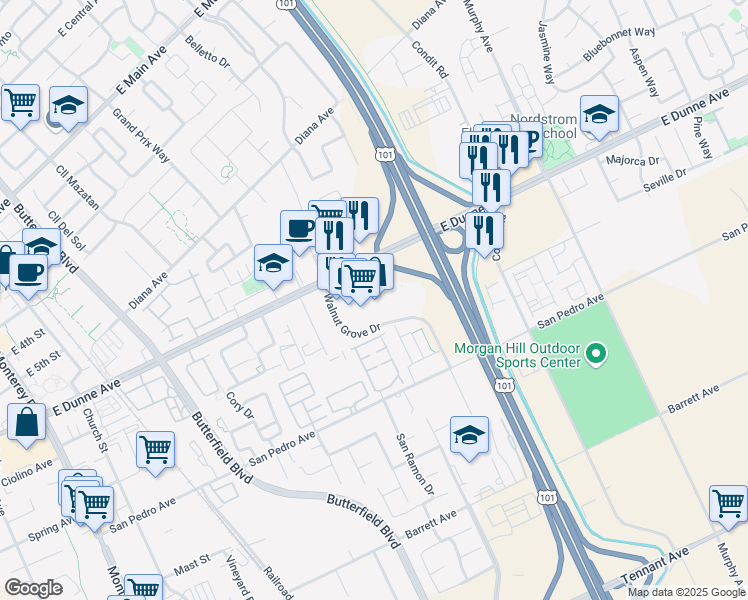 map of restaurants, bars, coffee shops, grocery stores, and more near 850 East Dunne Avenue in Morgan Hill