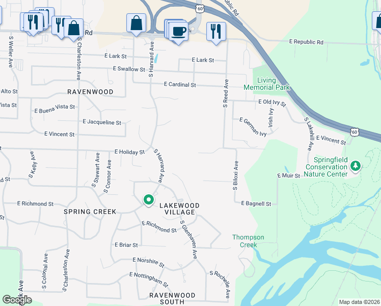 map of restaurants, bars, coffee shops, grocery stores, and more near 4607 S Luster Ave in Springfield