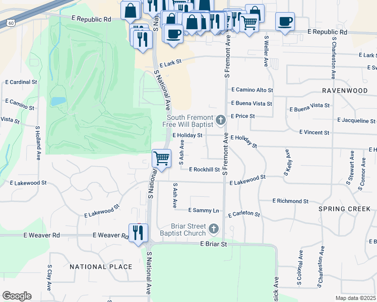 map of restaurants, bars, coffee shops, grocery stores, and more near 4628 South Ash Avenue in Springfield