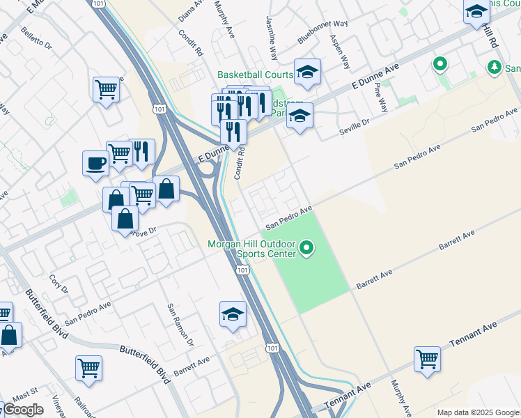 map of restaurants, bars, coffee shops, grocery stores, and more near 1110 Vintage Lane in Morgan Hill