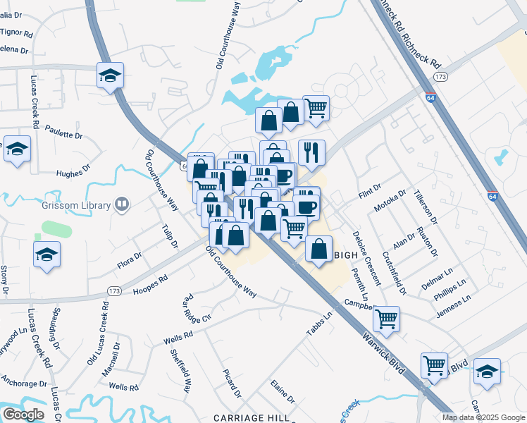map of restaurants, bars, coffee shops, grocery stores, and more near 410 Denbigh Boulevard in Newport News