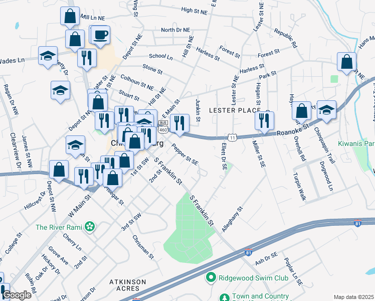 map of restaurants, bars, coffee shops, grocery stores, and more near 210 Pepper Street South in Christiansburg
