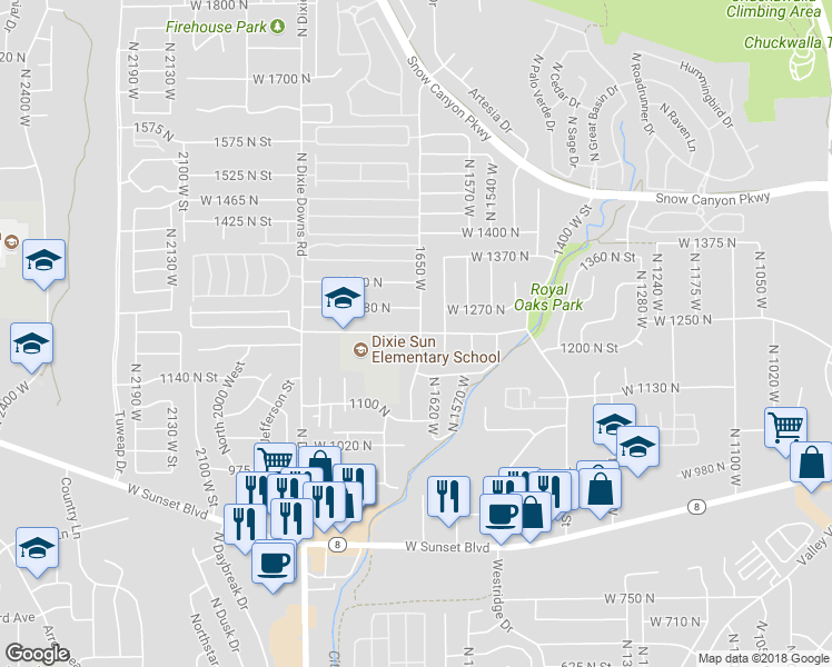 map of restaurants, bars, coffee shops, grocery stores, and more near 1637 West 1230 North in St. George